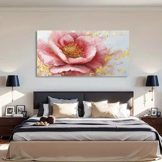 Golden Textured Pink Flower Wall Art Canvas Office Home Room Framed 120x60cm