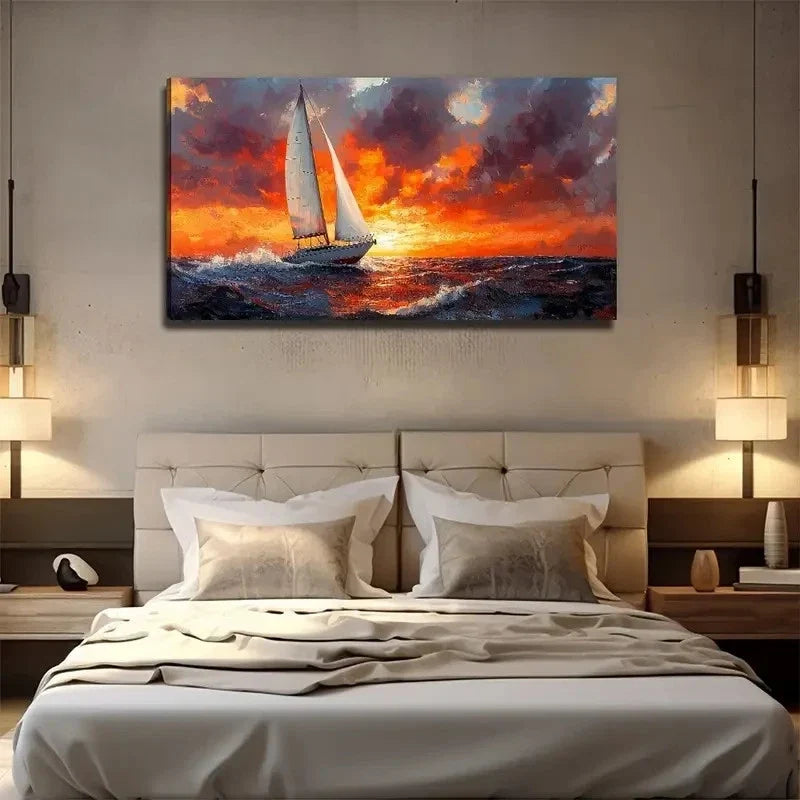 Sailing Boat At Sunset Wall Art Canvas Office Home Room Framed 80x45cm