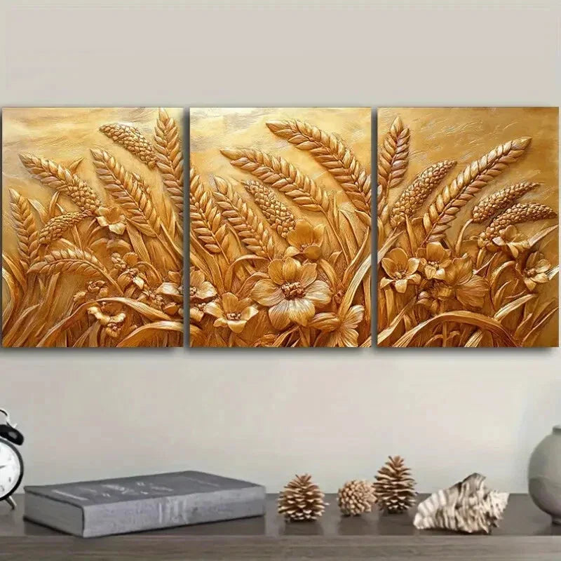 3pcs Ears of Wheat And Flowers  Wall Art Set Canvas Framed 40x60cm - High Quality Print 100% Australian Made Wall Canvas Ready to Hang