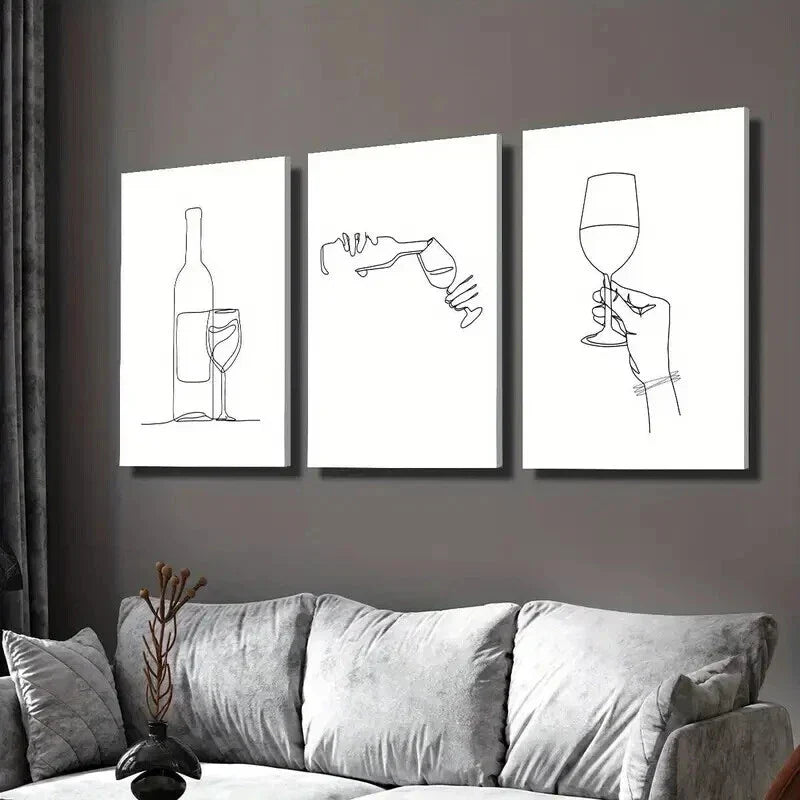 3pcs Minimalist Wine Bottle and Wine Glass Wall Art Set Canvas Framed 40x60cm - High Quality Print 100% Australian Made Wall Canvas Ready to Hang