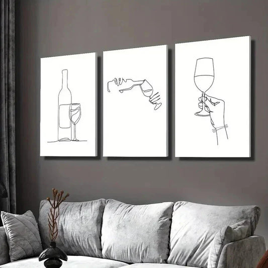 3pcs Minimalist Wine Bottle and Wine Glass Wall Art Set Canvas Framed 40x60cm - High Quality Print 100% Australian Made Wall Canvas Ready to Hang
