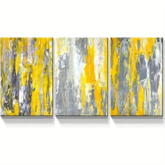 3pcs Yellow and Gray Abstract Painting  Metal Print Ready to Hang Art