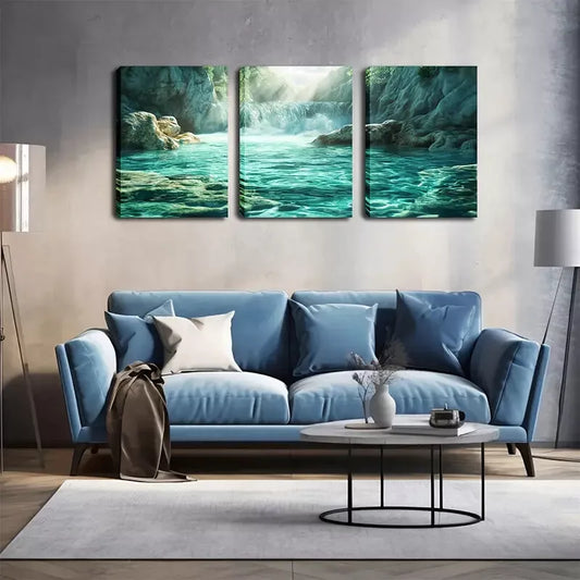 3pcs Serene Green Lake Scene with Waterfall  Wall Art Set Canvas Framed 40x60cm - High Quality Print 100% Australian Made Wall Canvas Ready to Hang