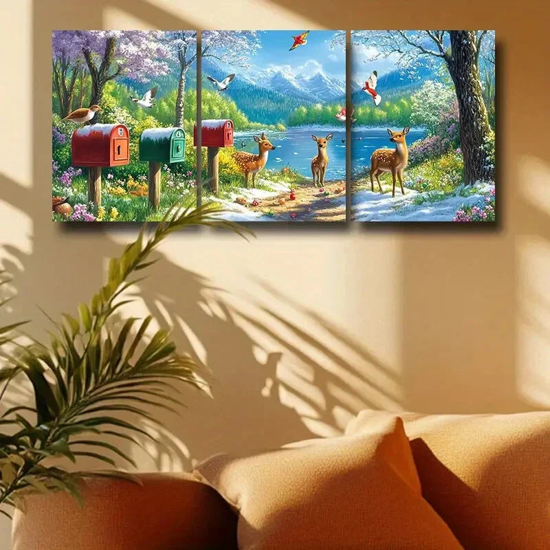 3pcs Springtime Nature Scene with Deer & Birds Metal Print Ready to Hang Art