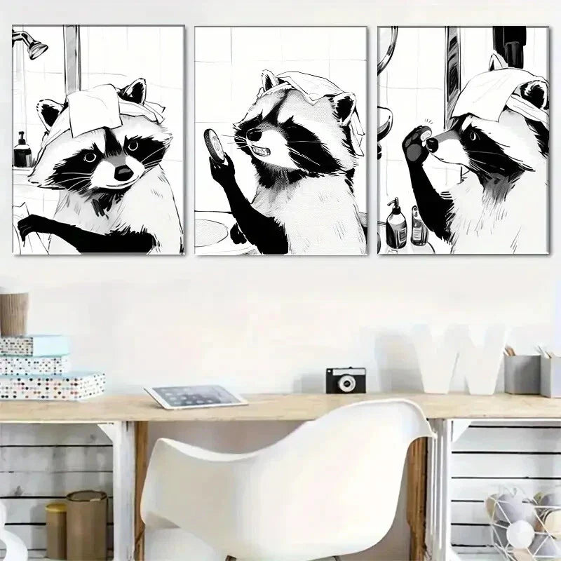 3pcs Black And White Cartoon Racon Animal Metal Print Ready to Hang Art