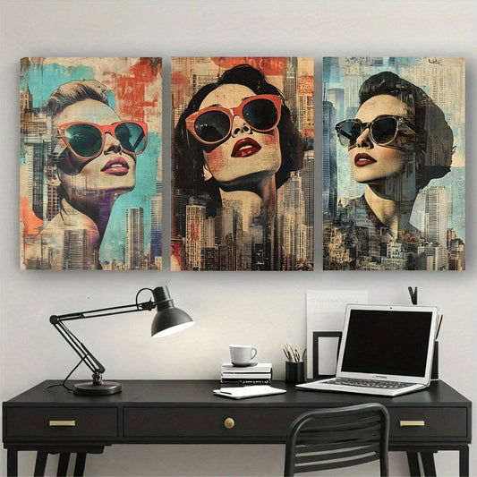 3pcs Women Wearing Fashionable Glasses Metal Print Ready to Hang Art