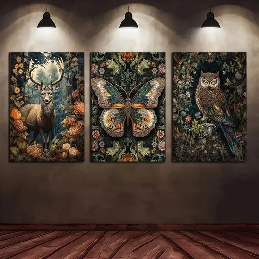 3pcs Deer Butterfly And Owl Animal Poster Metal Print Ready to Hang Art