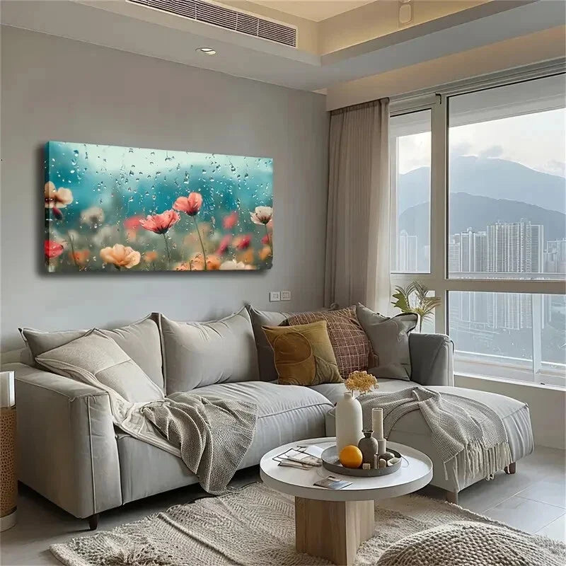 Vibrant Poppy Field Raindrops Wall Art Canvas Office Home Room Framed 120x60cm