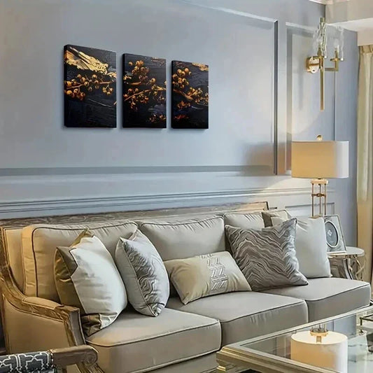 3pcs Golden Berries on Black Background Wall Art Set Canvas Framed 40x60cm - High Quality Print 100% Australian Made Wall Canvas Ready to Hang