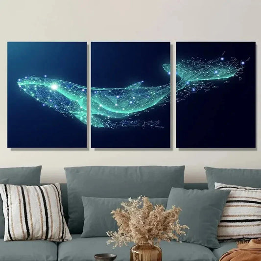 3pcs Glowing Whale with Sparkling Stars & Cosmic Metal Print Ready to Hang Art