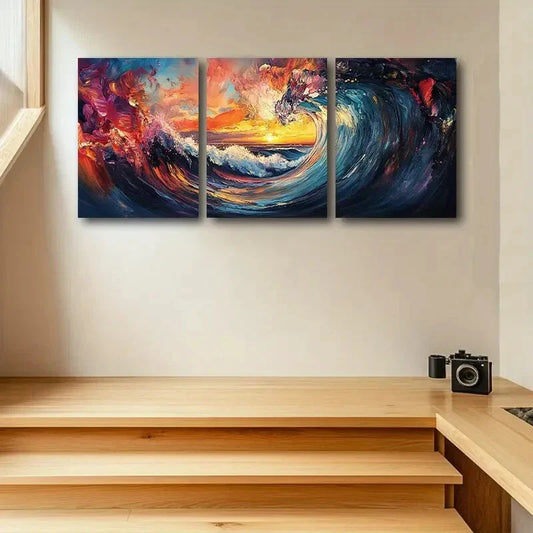 3pcs Vibrant Sea wave Design Metal Print Ready to Hang Art
