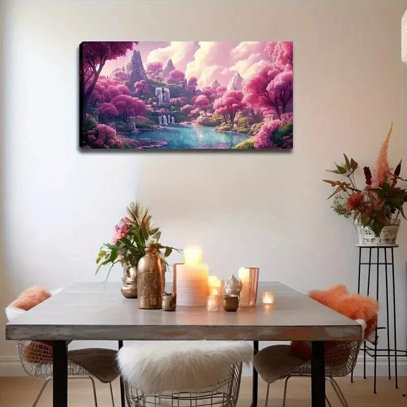 Enchanting Pink Trees Calm Lake Wall Art Canvas Office Home Room Framed 120x60cm