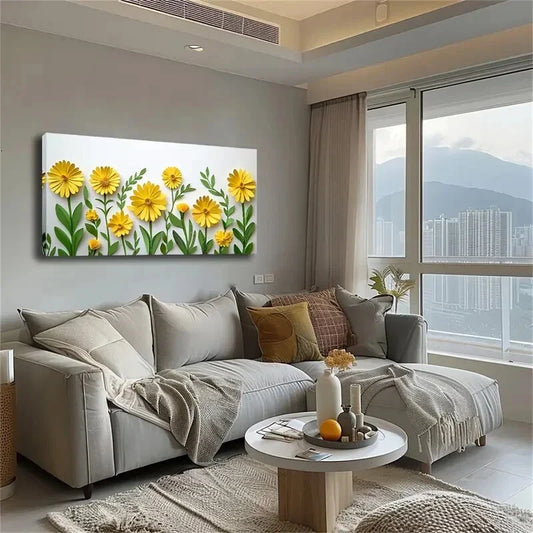 Yellow Floral Green Leaves Wall Art Canvas Office Home Room Framed 120x60cm