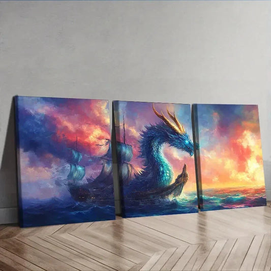3pcs  Blue Dragon on Boat Wall Art Set Canvas Framed 40x60cm - High Quality Print 100% Australian Made Wall Canvas Ready to Hang