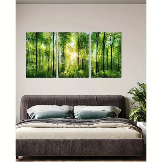 3pcs Green Tree Pictures Landscape Painting Metal Print Ready to Hang Art