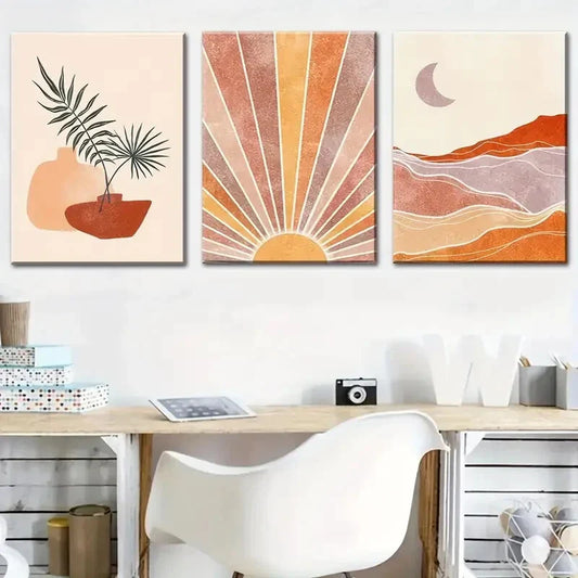 3pcs Modern Plant Leaf Abstract Sun Line Metal Print Ready to Hang Art