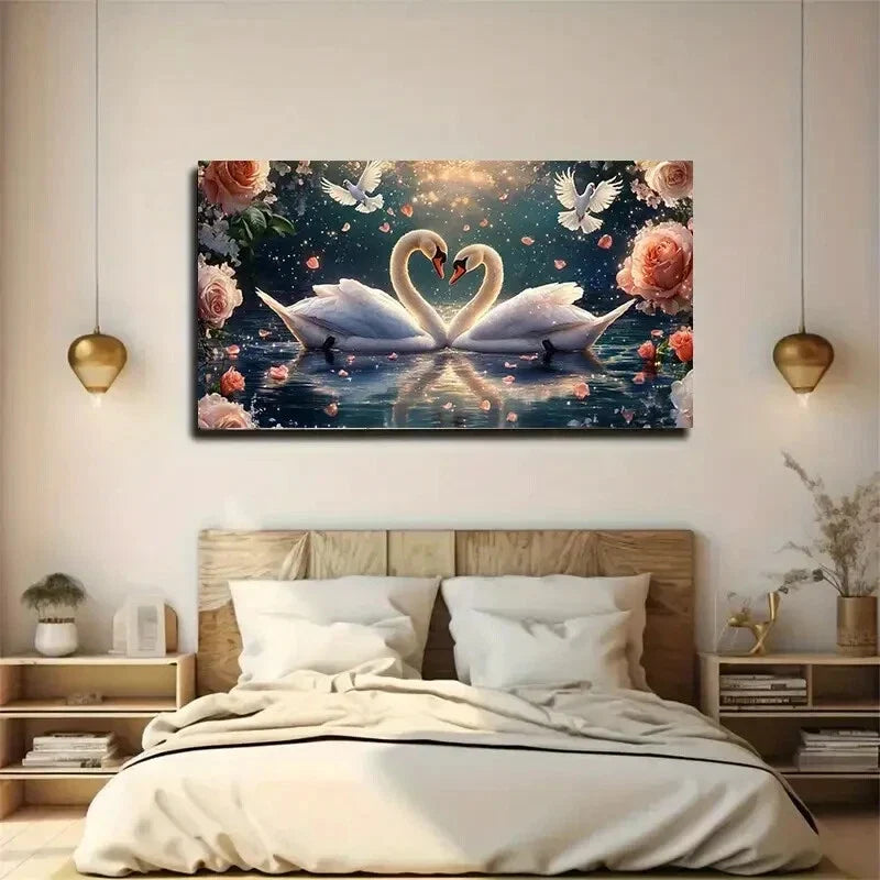 Abstract Blue White Swan wall canvas office home room framed 120x60cm