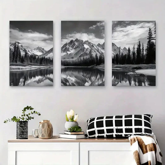 3pcs Black and White Mountain Landscape Metal Print Ready to Hang Art