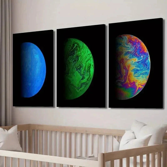 3pcs Colorful Planet on Black Background Wall Art Set Canvas Framed 40x60cm - High Quality Print 100% Australian Made Wall Canvas Ready to Hang