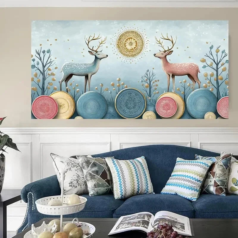 Whimsical Deer Golden Design Wall Art Canvas Office Home Room Framed 120x60cm