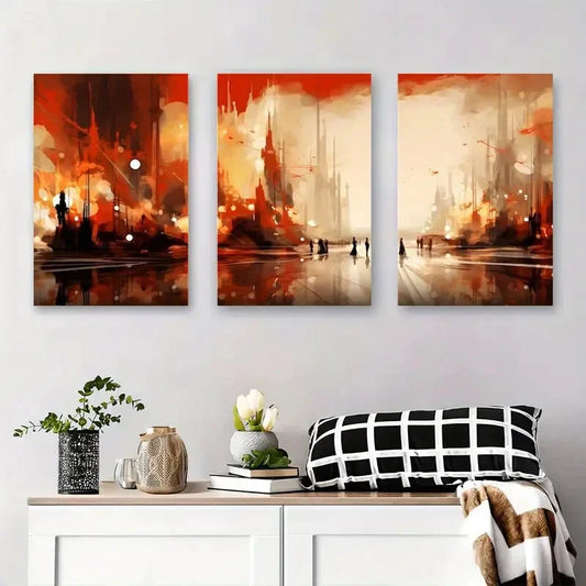 3pcs Fiery Futuristic Cityscape Abstract Metal Print Ready to Hang Art