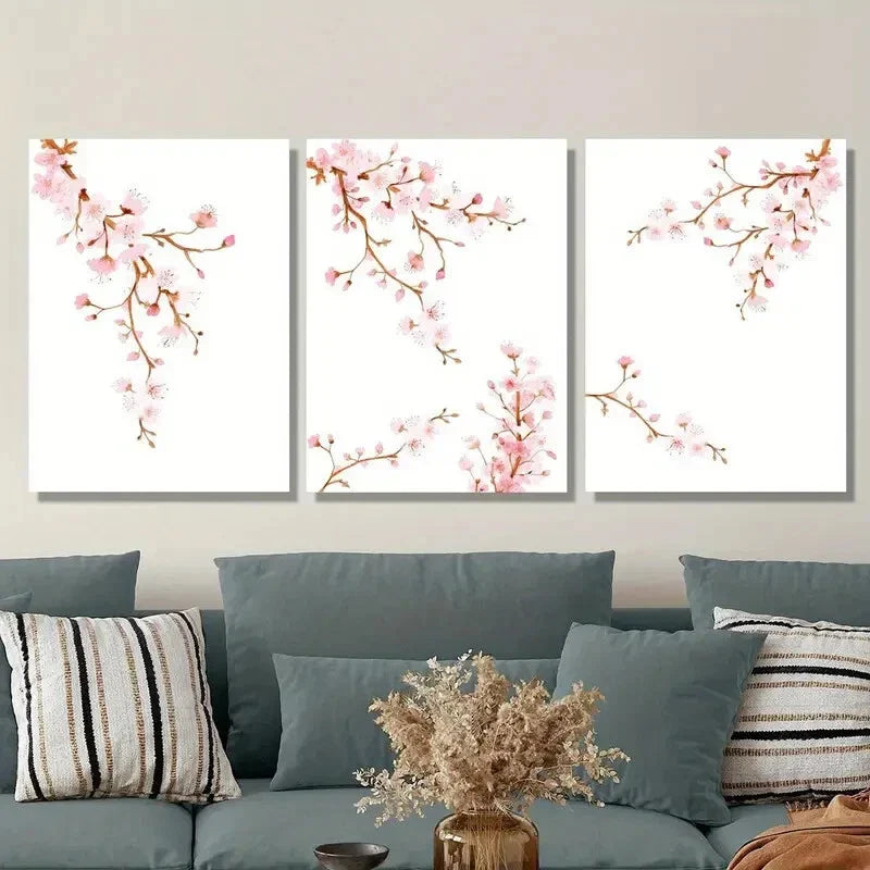 3pcs Vibrant Sakura Watercolor Branches Metal Print Ready to Hang Art