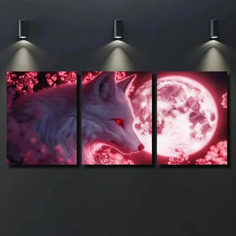 3pcs Striking White Fox & Red Eyes Wall Art Set Canvas Framed 40x60cm - High Quality Print 100% Australian Made Wall Canvas Ready to Hang