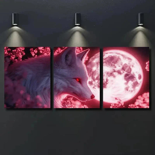 3pcs Striking White Fox & Red Eyes Wall Art Set Canvas Framed 40x60cm - High Quality Print 100% Australian Made Wall Canvas Ready to Hang