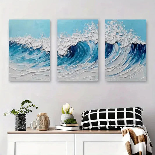 3pcs Abstract Ocean Art, Blue Coastal Metal Print Ready to Hang Art'