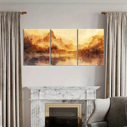 3pcs Chinese Traditional Architecture Landscape Metal Print Ready to Hang Art