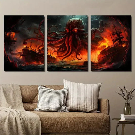 3pcs Vibrant Sea Monster Octopus & Shipwreck Metal Print Ready to Hang Art