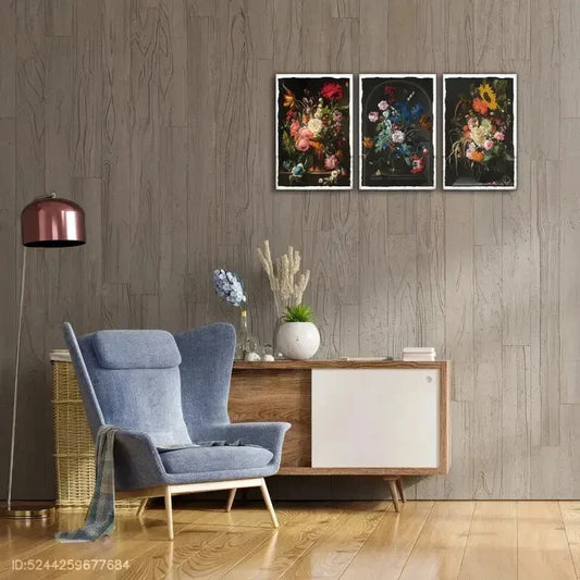 3pcs Dark Floral Jewel Tone Gothic Style Wall Art Metal Print Ready to Hang Art