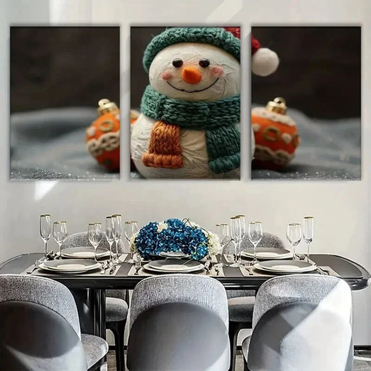 3pcs White Snowman Golden Balls Metal Print Ready to Hang Art