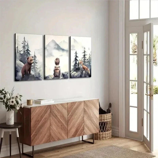 3pcs Bears Forest Wildlife & Mountain Peaks Wall Art Set Canvas Framed 40x60cm - High Quality Print 100% Australian Made Wall Canvas Ready to Hang