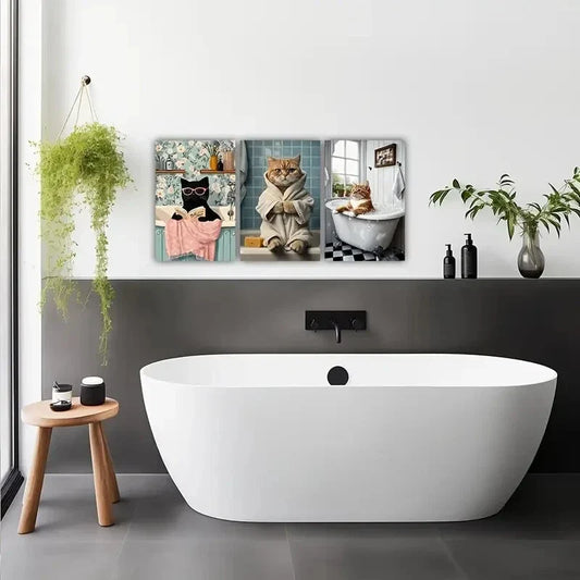 3pcs Cute Cat Bathtub Contemporary Style Metal Print Ready to Hang Art