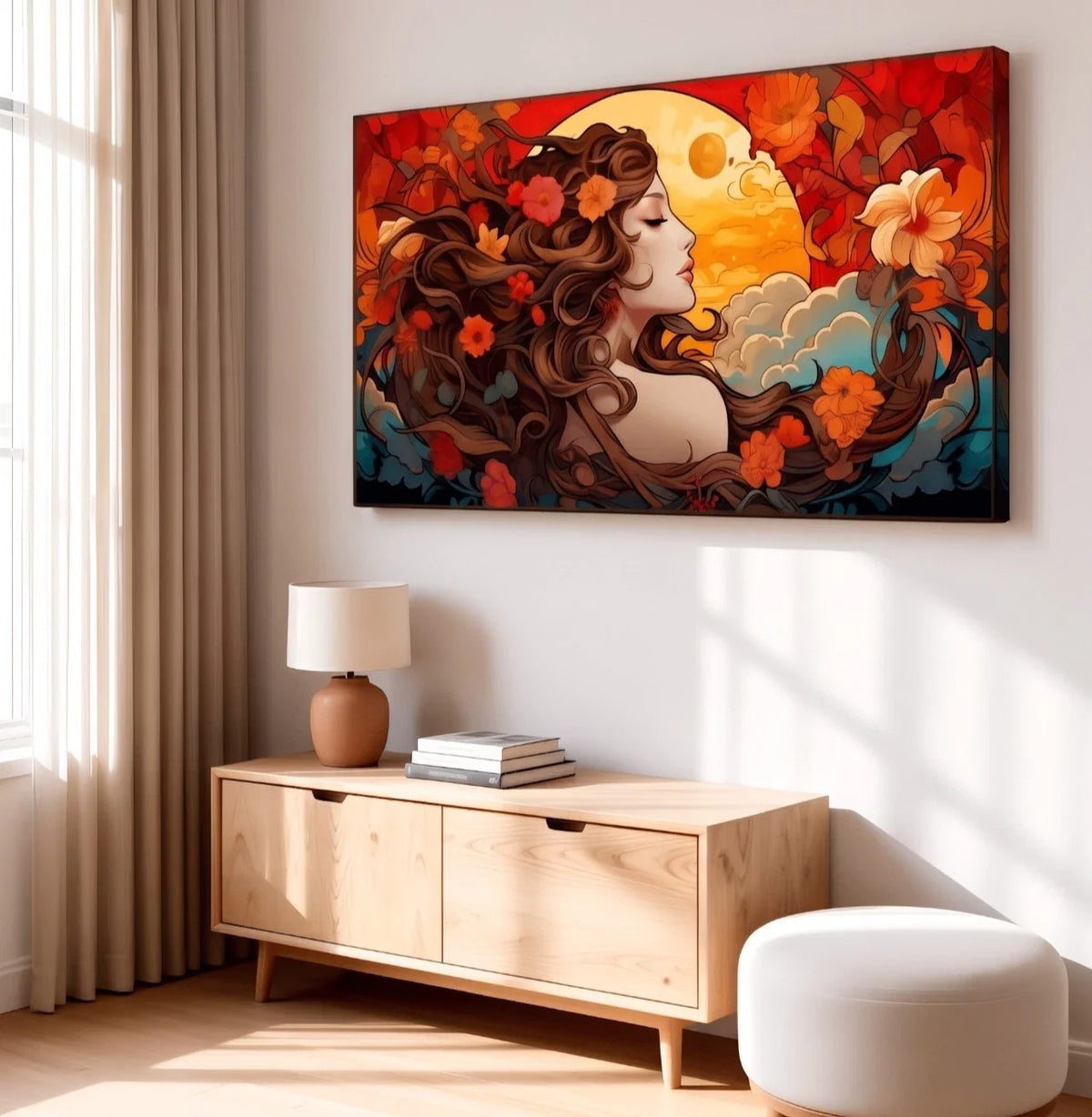 Warm Sunset and Floral Woman Wall Art Canvas Office Home Framed 120x60cm