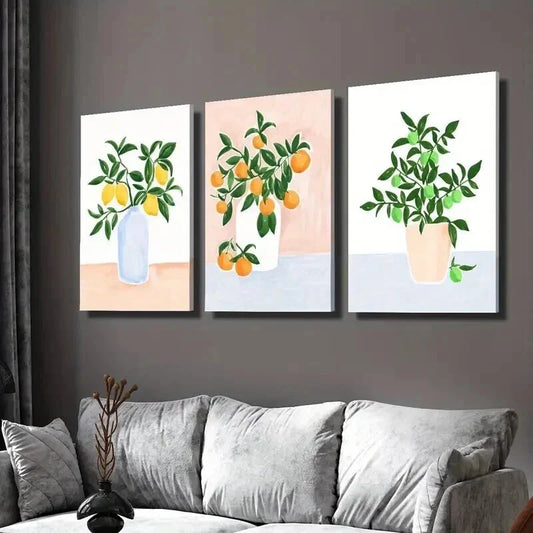 3pcs Plant Arrangement with Lemons & Oranges Wall Art Set Canvas Framed 40x60cm - High Quality Print 100% Australian Made Wall Canvas Ready to Hang