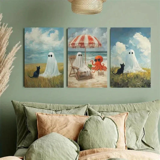 3pcs The Ghosts and Octopuses on the Beach Metal Print Ready to Hang Art
