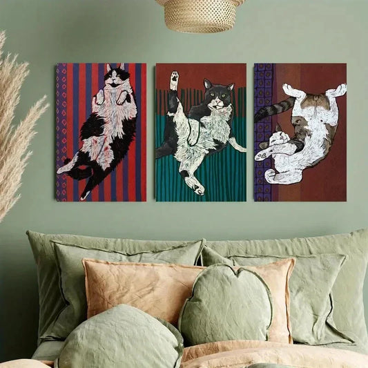 3pcs Black and White Cat on Striped Carpet Metal Print Ready to Hang Art