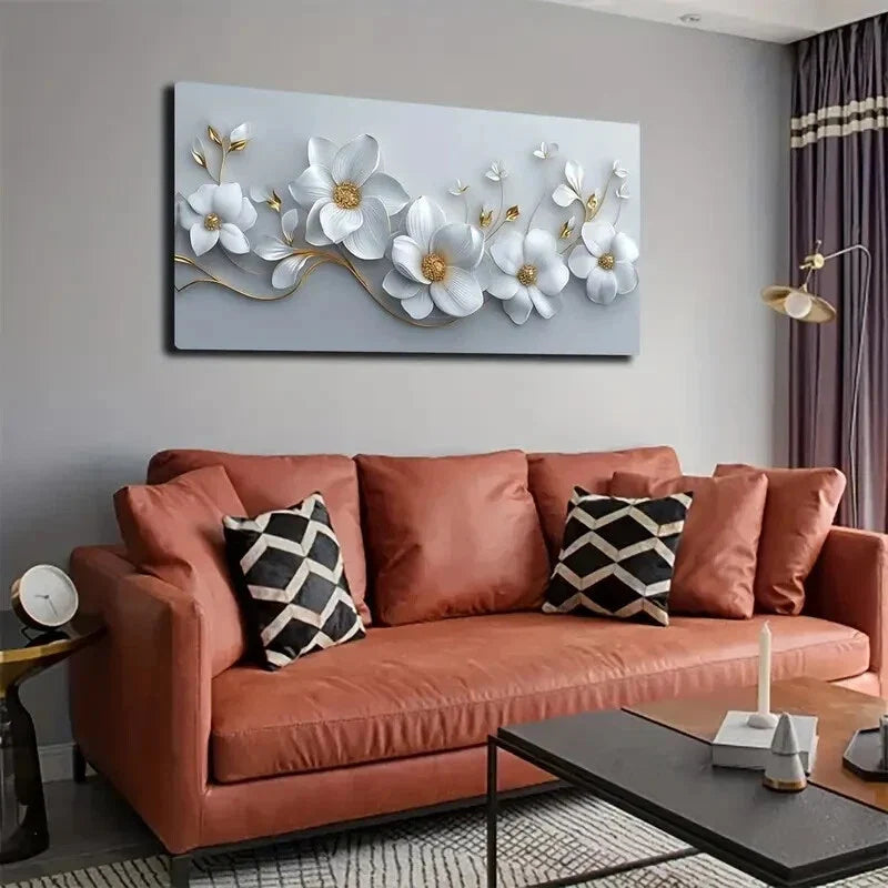 Exquisitel Shaped White Flowers Wall Art Canvas Office Home Room Framed 120x60cm