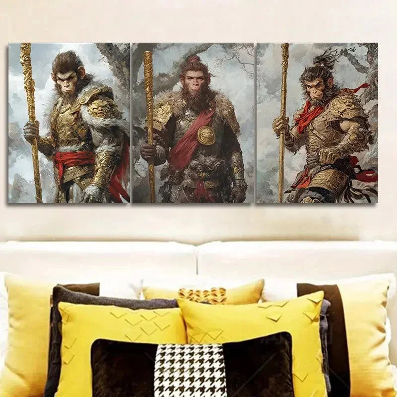 3pcs The Monkey King Mythology Theme  Wall Art Set Canvas Framed 40x60cm - High Quality Print 100% Australian Made Wall Canvas Ready to Hang