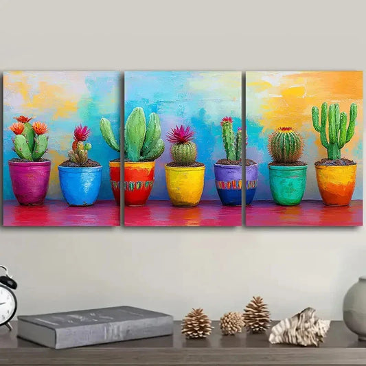 3pcs Cactus in colorful flower POTS Metal Print Ready to Hang Art