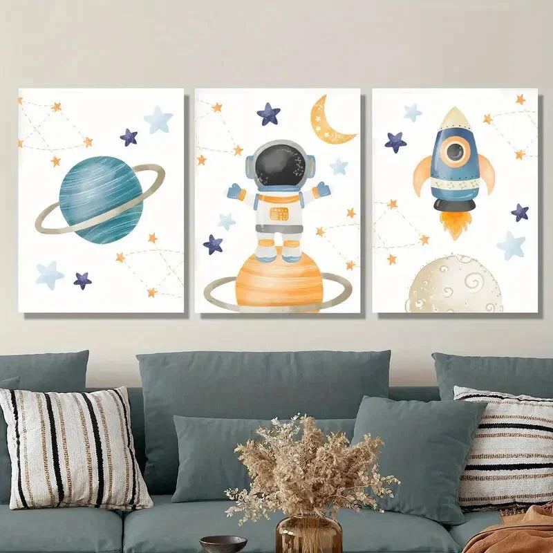 3pcs Cartoon illustration, rocket, planet Metal Print Ready to Hang Art