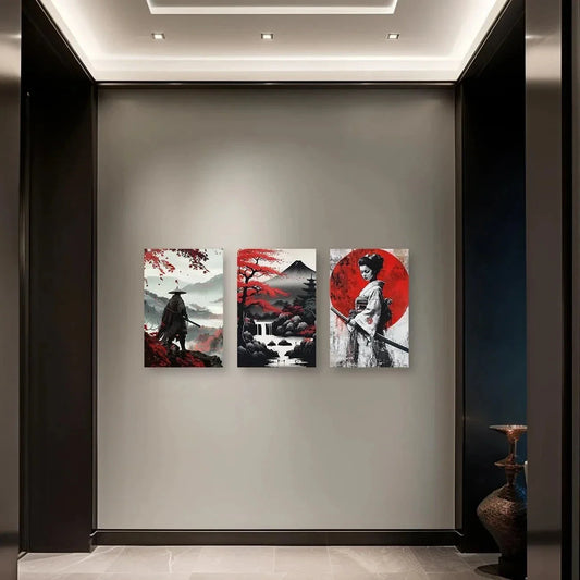 3pcs Japan Samurai with Cherry Blossom Metal Print Ready to Hang Art