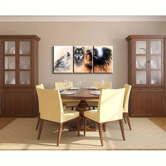 3pcs Native with Wolf Colourful Modern Metal Print Ready to Hang Art