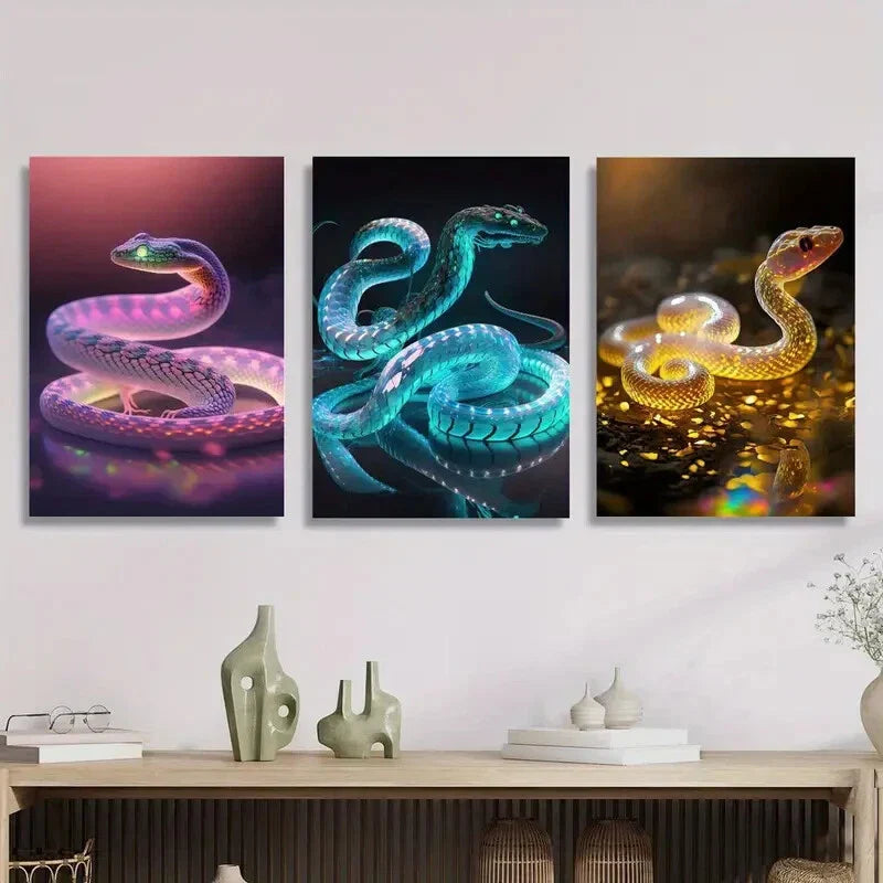 3pcs Pink, Blue, Golden Glowing Serpent  Metal Print Ready to Hang Art