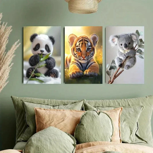 3pcs Cute Panda, Tiger Cub, and Koala Metal Print Ready to Hang Art