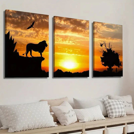 3pcs Lion Sunset & Bird Wall Art Set Canvas Framed 40x60cm - High Quality Print 100% Australian Made Wall Canvas Ready to Hang