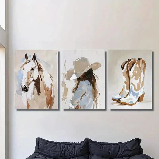 3pcs Cowgirl, Cowboy Boots, Cowboy Watercolor Art Metal Print Ready to Hang Art