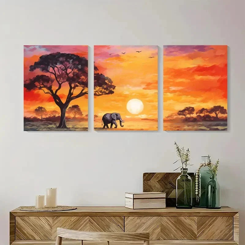 3pcs Serengeti Watercolor Elephant Landscape Metal Print Ready to Hang Art